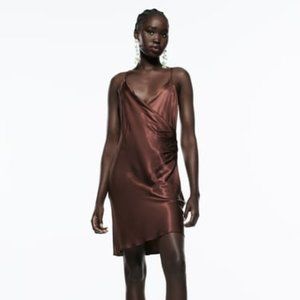 NWT. Zara Satin Effect Side Ruched Dress. S